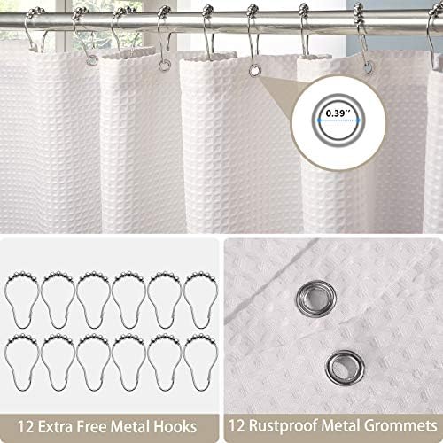 Waffle Weave Shower Curtain with Stainless Steel Hooks - 256 GSM Heavy Duty - Image 4