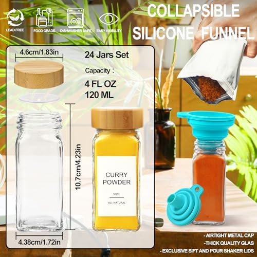AISIPRIN 24 Pcs Glass Spice Jars with Bamboo Airtight Lids and 398 Labels, 4oz - Image 2