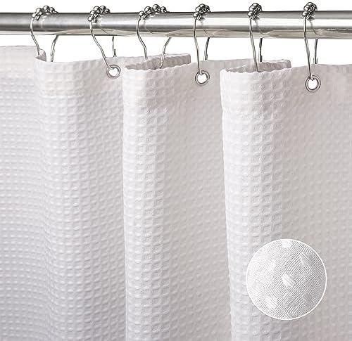 Waffle Weave Shower Curtain with Stainless Steel Hooks - 256 GSM Heavy Duty