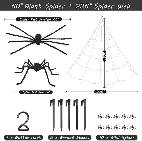 Spider Web Halloween Decoration, 236" Spider Web+ 60" Giant Spider Decorations - Image 4